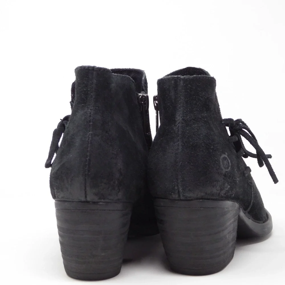 Born Bessie Women Ankle Boots Black Suede Leather Lace Up Side Zip F56903 Size 6